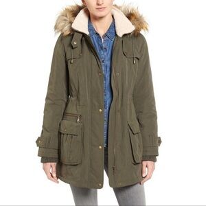 Halogen Utility Coat green faux fur lined hooded anorack jackets Sz S